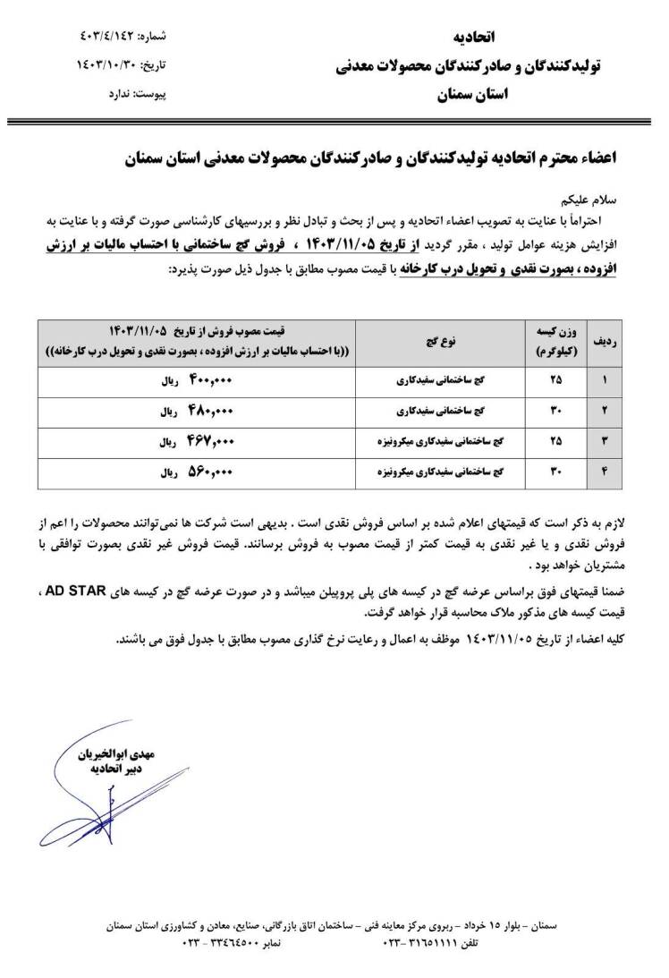 افزایش شدید قیمت انواع گچ ساختمانی از تاریخ 1403/11/5